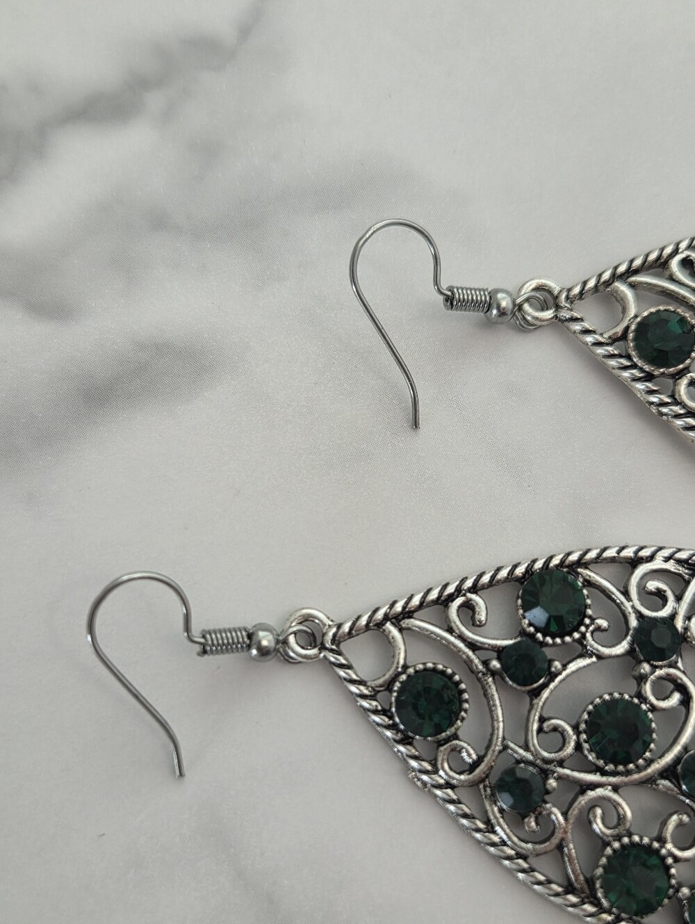 Paparazzi Silver Filigree Teardrop Earrings with Emerald Rhinestones - Picture 7 of 12